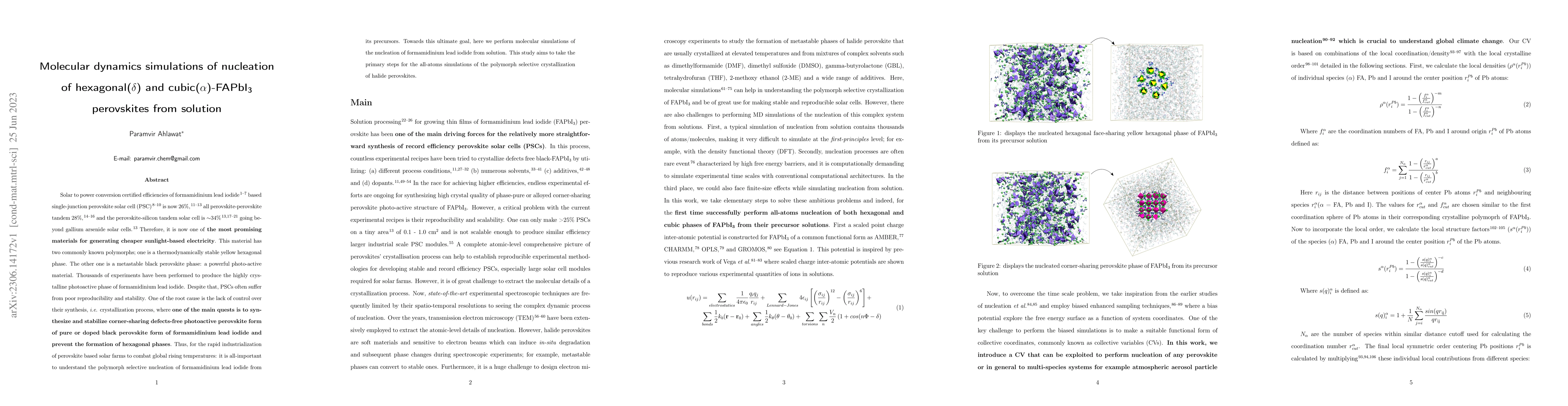 Thumbnail for Molecular dynamics simulations of nucleation of hexagonal($\delta$) and
  cubic($\alpha$)-FAPbI$_3$ perovskites from solution