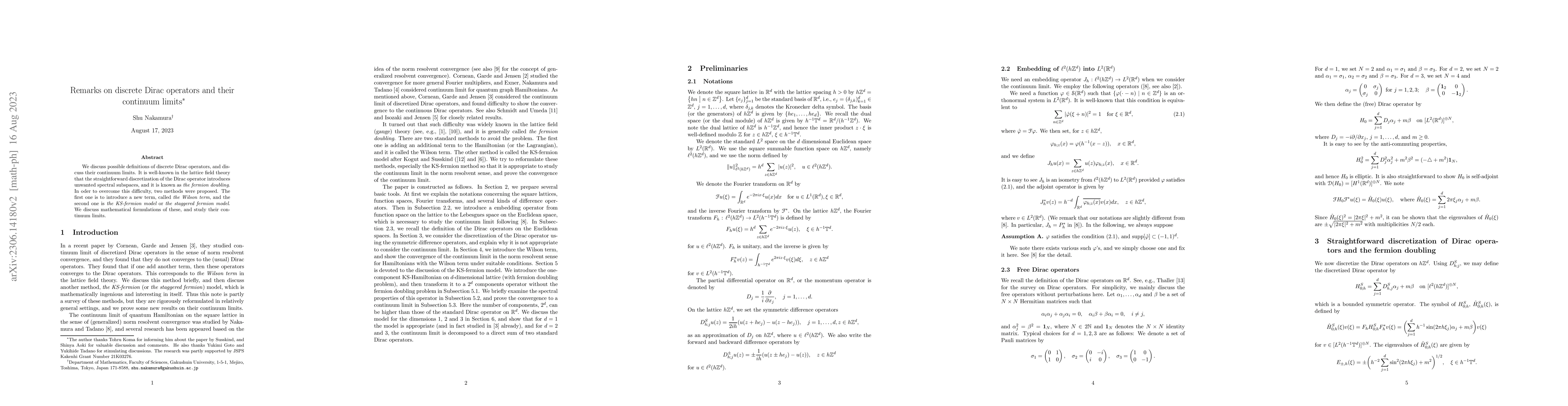 Thumbnail for Remarks on discrete Dirac operators and their continuum limits