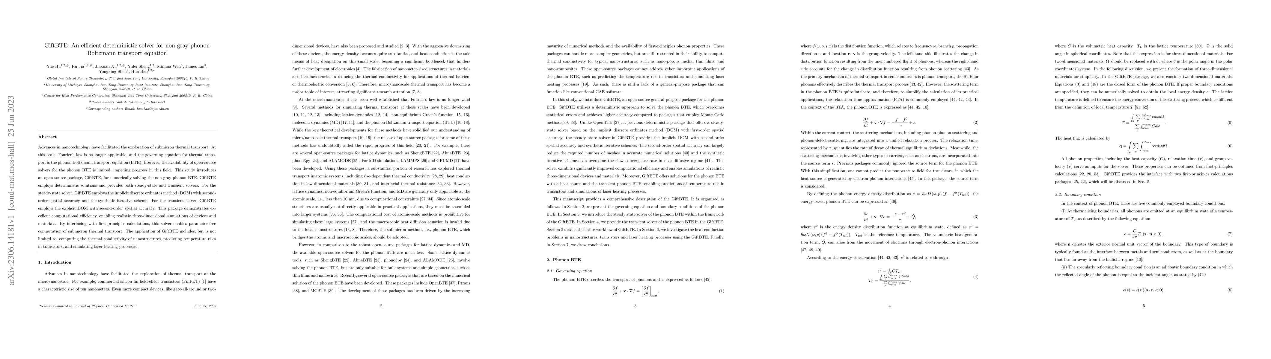 Thumbnail for GiftBTE: An efficient deterministic solver for non-gray phonon Boltzmann
  transport equation