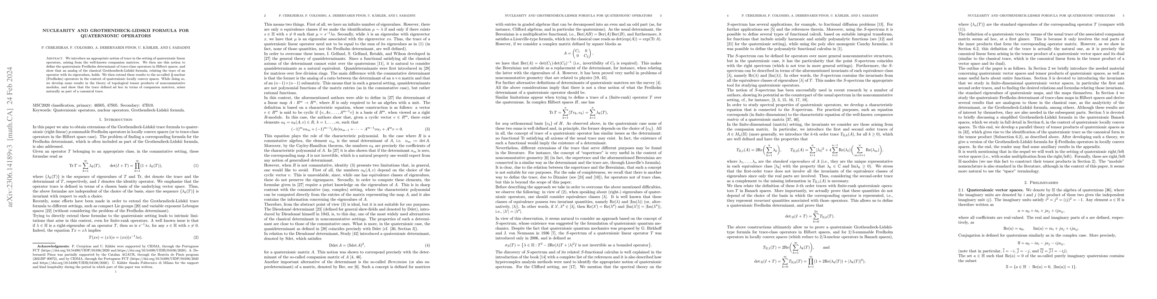 Thumbnail for Nuclearity and Grothendieck-Lidskii formula for quaternionic operators
