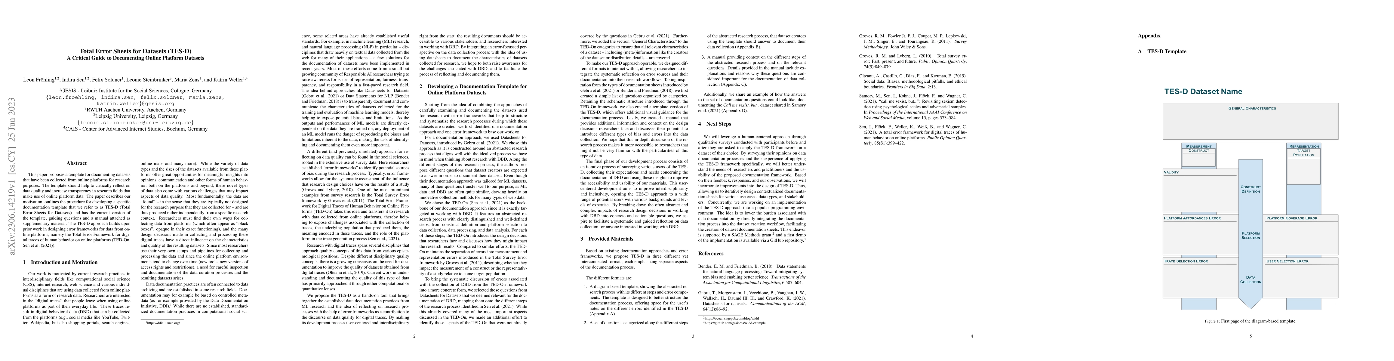 Thumbnail for Total Error Sheets for Datasets (TES-D) -- A Critical Guide to
  Documenting Online Platform Datasets