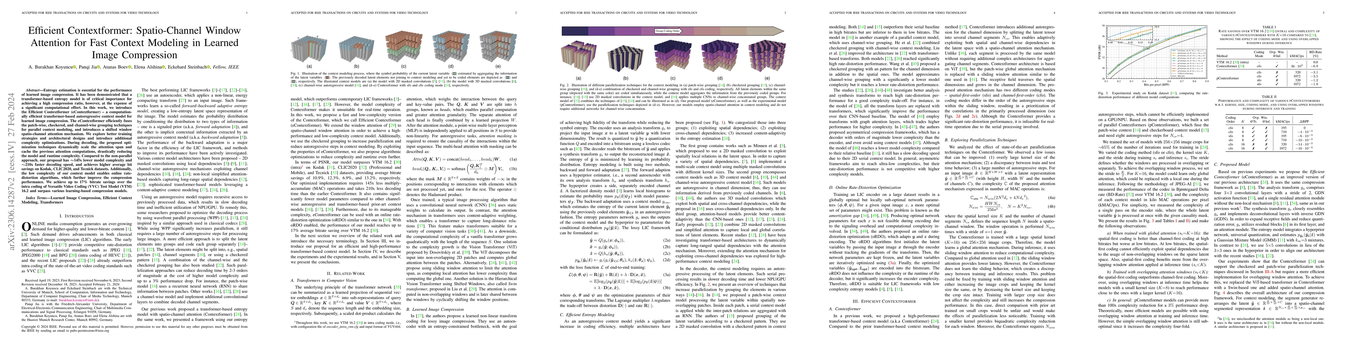 Thumbnail for Efficient Contextformer: Spatio-Channel Window Attention for Fast
  Context Modeling in Learned Image Compression