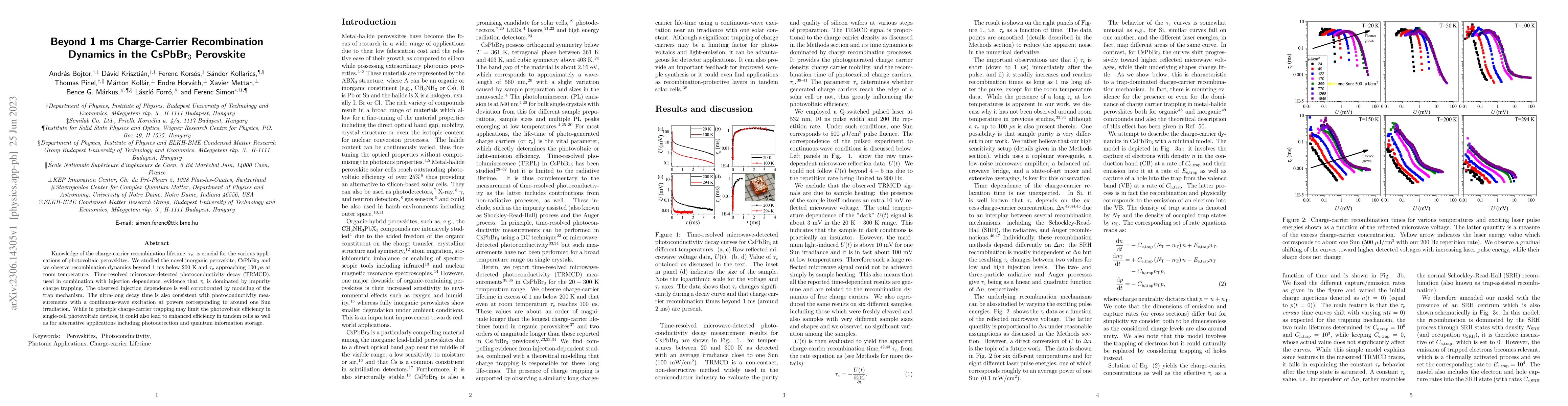 Thumbnail for Beyond 1 ms Charge-Carrier Recombination Dynamics in the CsPbBr3
  Perovskite