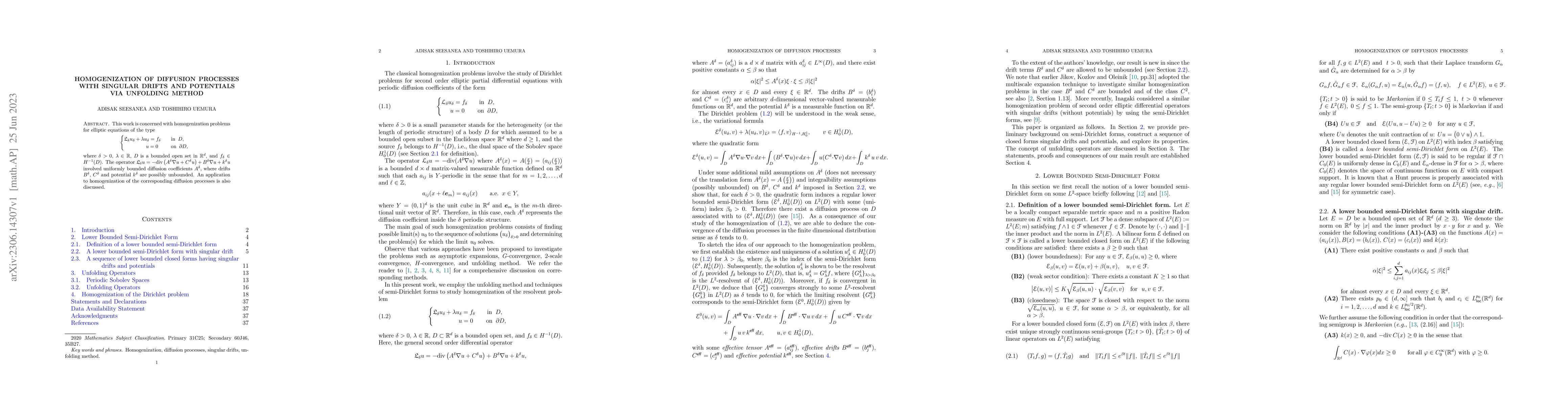 Thumbnail for Homogenization of diffusion processes with singular drifts and
  potentials via unfolding method