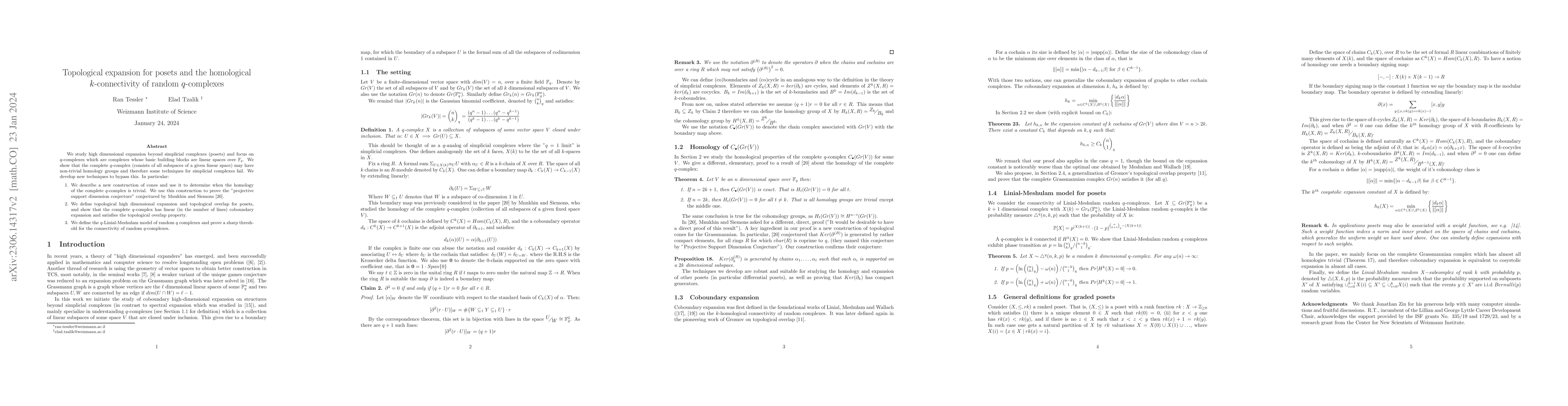 Thumbnail for Topological expansion for posets and the homological $k$-connectivity of
  random $q$-complexes