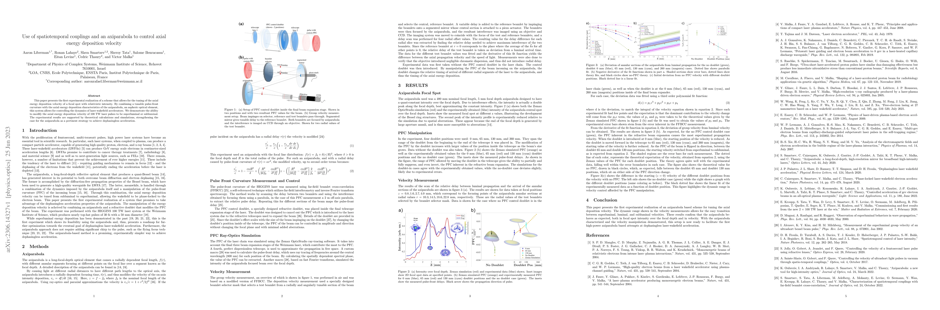 Thumbnail for Use of spatiotemporal couplings and an axiparabola to control axial
  energy deposition velocity