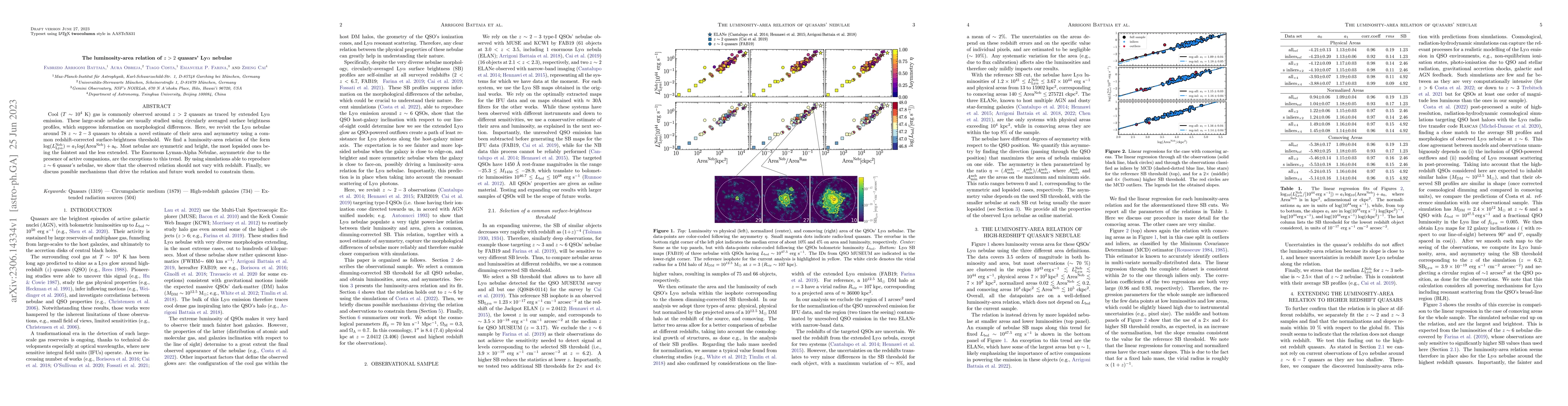 Thumbnail for The luminosity-area relation of $z>2$ quasars' Ly$\alpha$ nebulae