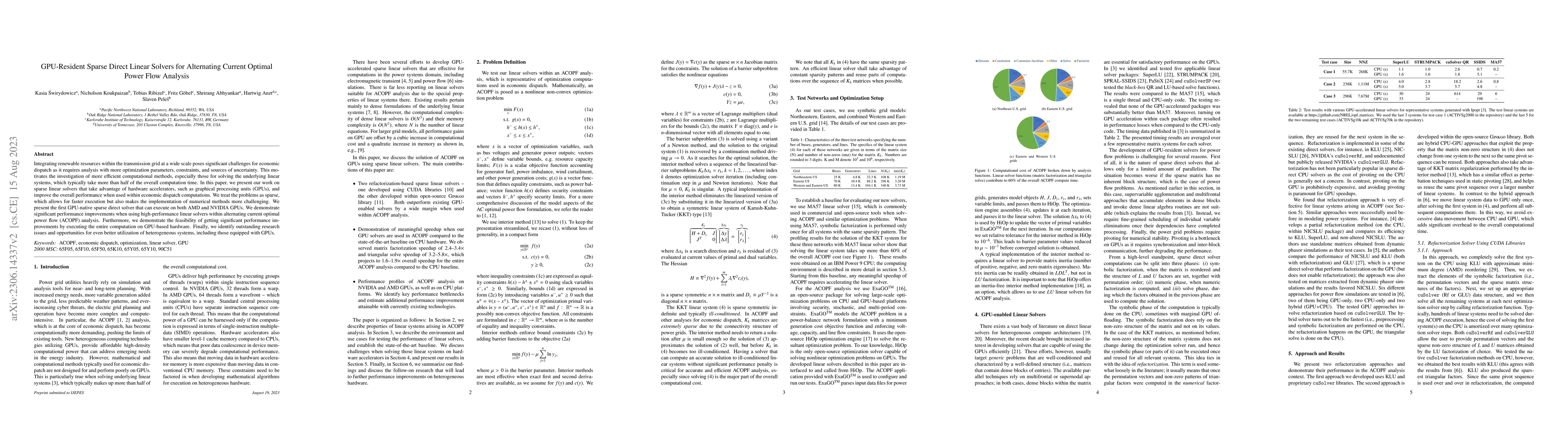 Thumbnail for GPU-Resident Sparse Direct Linear Solvers for Alternating Current
  Optimal Power Flow Analysis