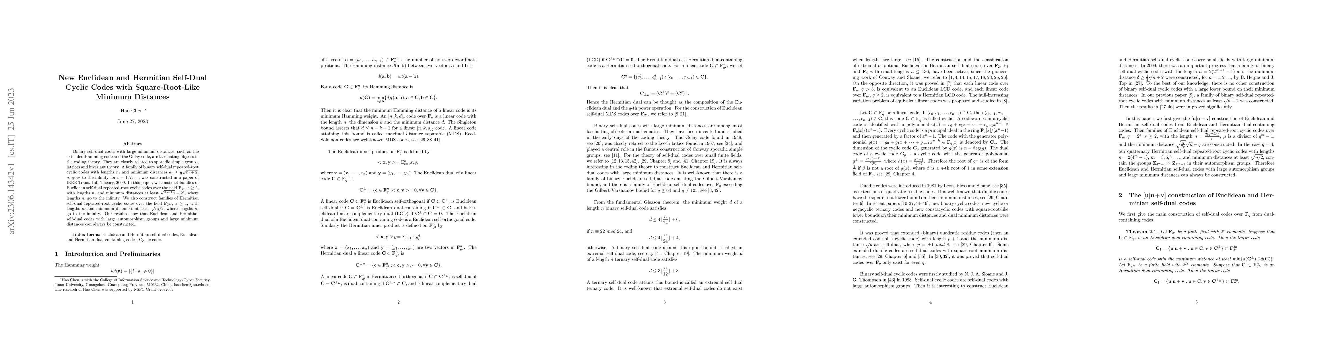 Thumbnail for New Euclidean and Hermitian Self-Dual Cyclic Codes with Square-Root-Like
  Minimum Distances