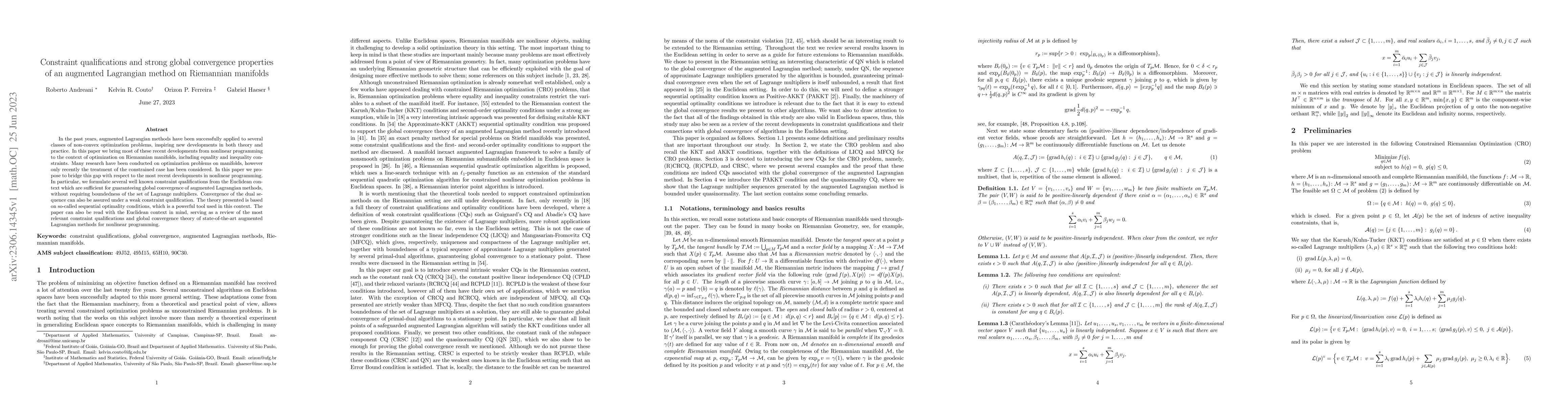 Thumbnail for Constraint qualifications and strong global convergence properties of an
  augmented Lagrangian method on Riemannian manifolds
