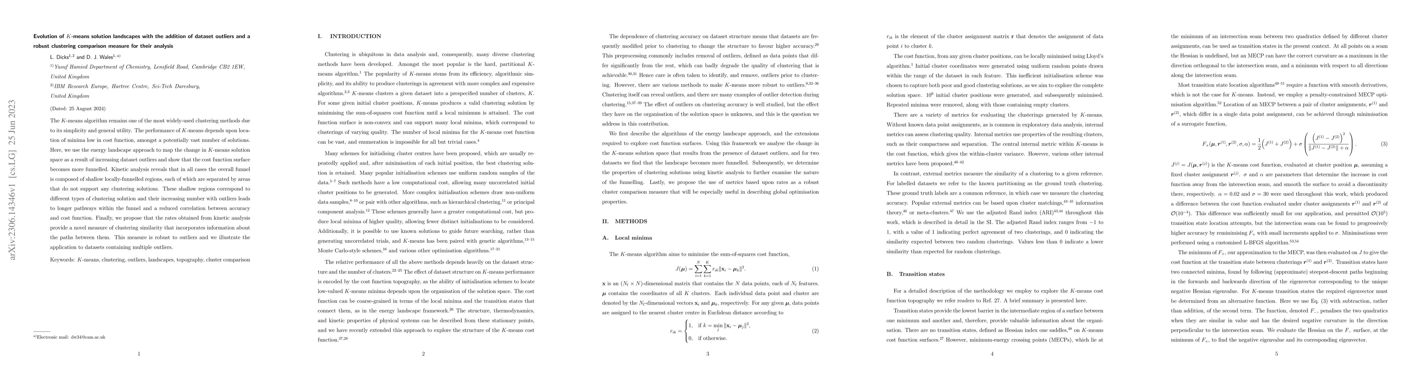 Thumbnail for Evolution of $K$-means solution landscapes with the addition of dataset
  outliers and a robust clustering comparison measure for their analysis