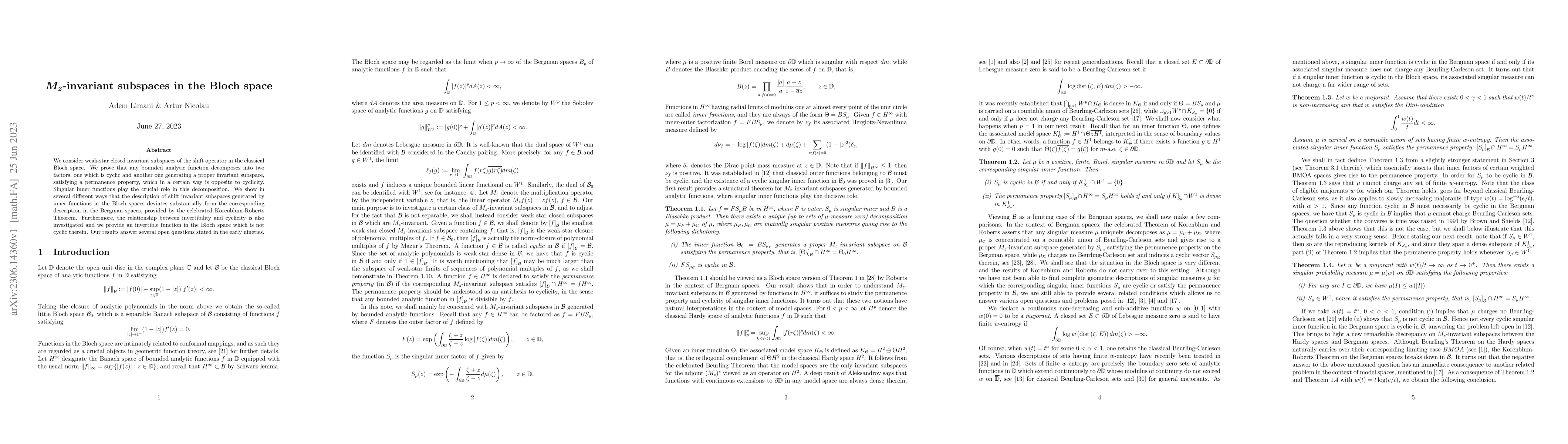 Thumbnail for M_z-invariant subspaces in the Bloch space