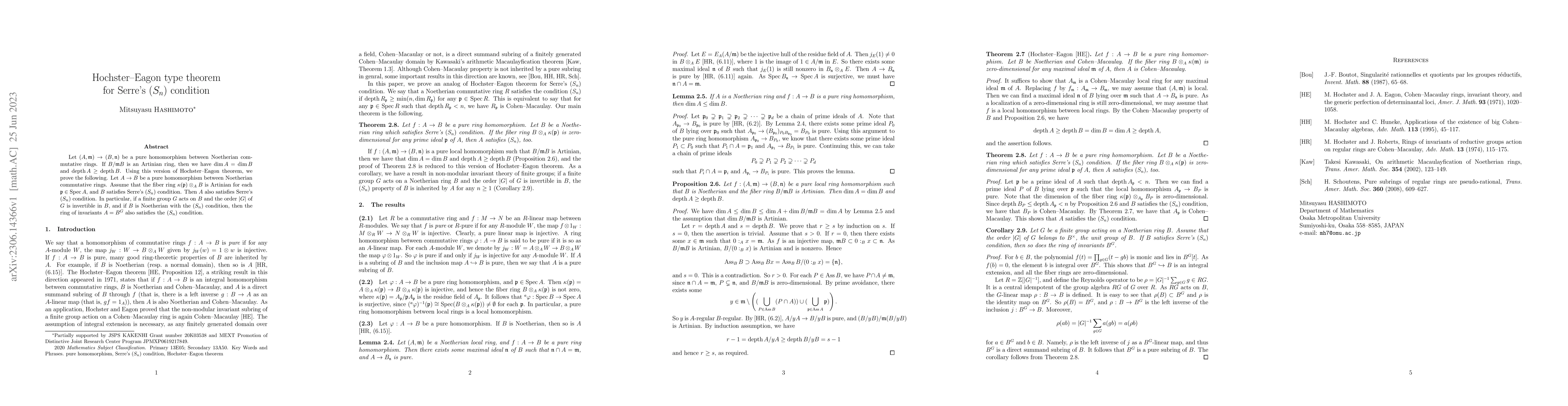 Thumbnail for Hochster-Eagon type theorem for Serre's $(S_n)$ condition