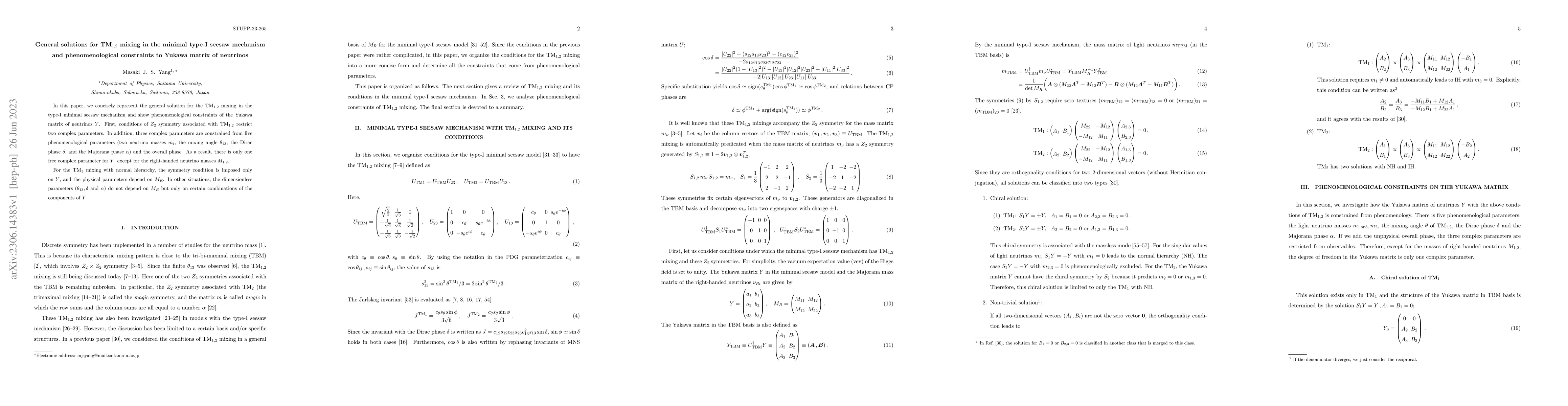 Thumbnail for General solutions for TM$_{1,2}$ mixing in the minimal type-I seesaw
  mechanism and phenomenological constraints to Yukawa matrix of neutrinos
