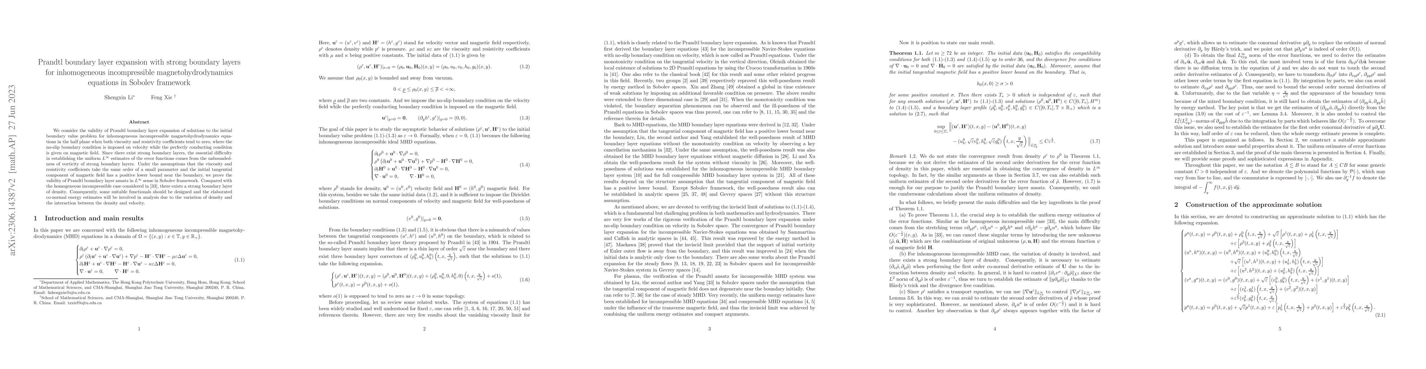Thumbnail for Prandtl boundary layer expansion with strong boundary layers for
  inhomogeneous incompressible magnetohydrodynamics equations in Sobolev
  framework