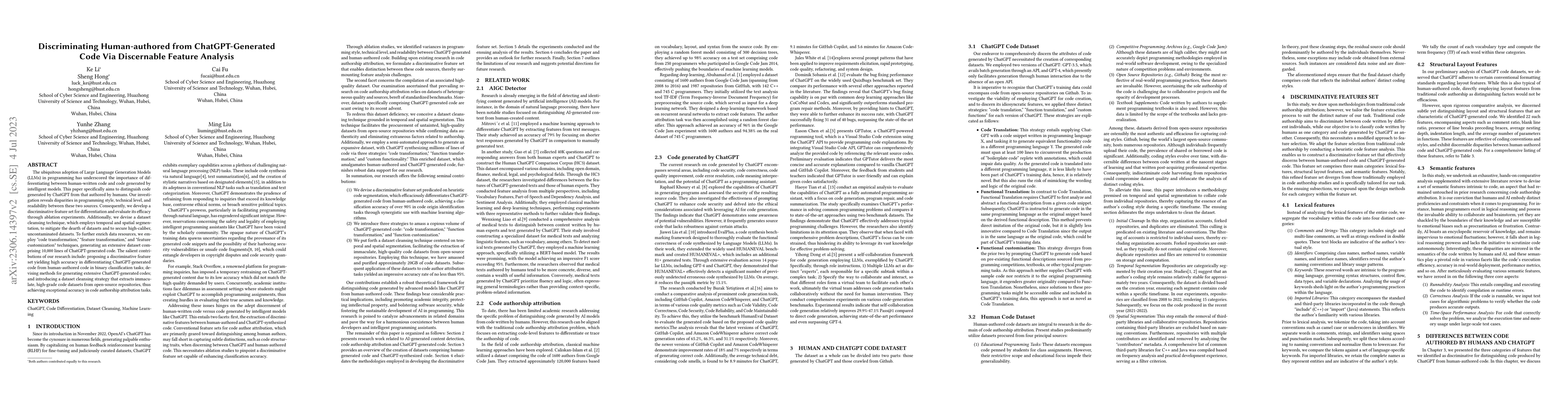 Thumbnail for Discriminating Human-authored from ChatGPT-Generated Code Via
  Discernable Feature Analysis