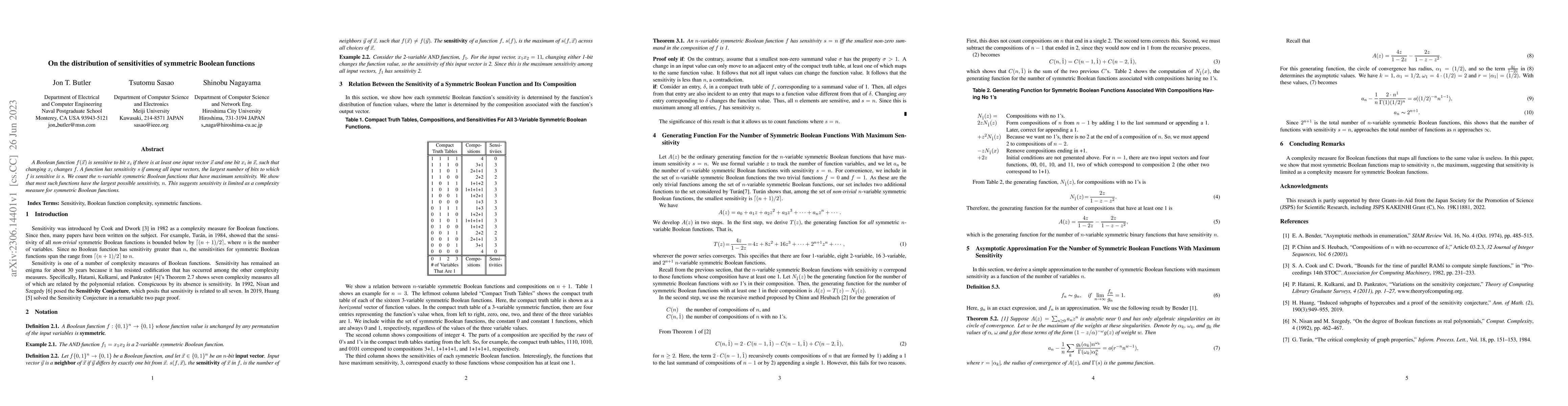 Thumbnail for On the distribution of sensitivities of symmetric Boolean functions