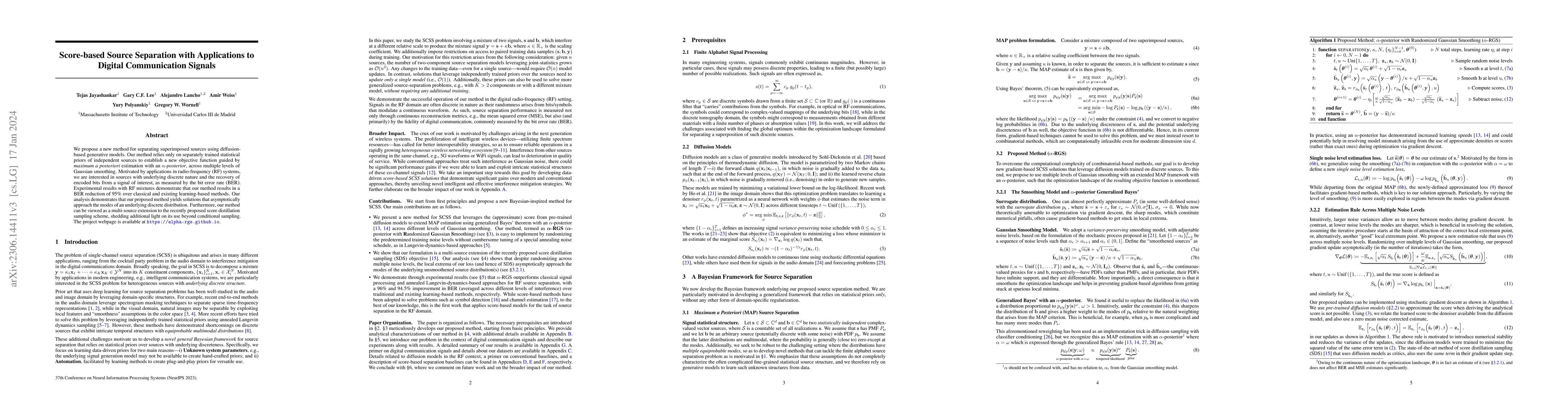 Thumbnail for Score-based Source Separation with Applications to Digital Communication
  Signals