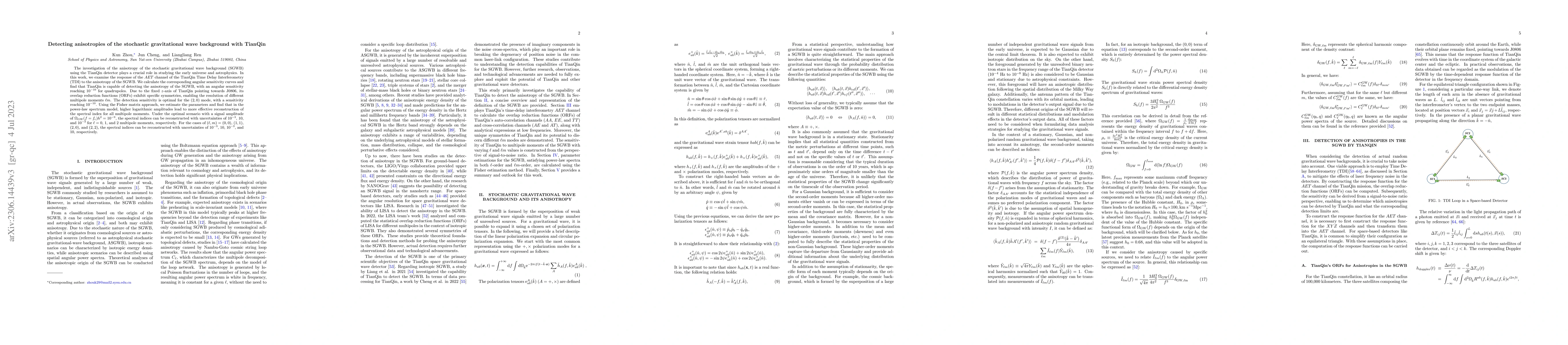 Thumbnail for Detecting anisotropies of the stochastic gravitational wave background
  with TianQin
