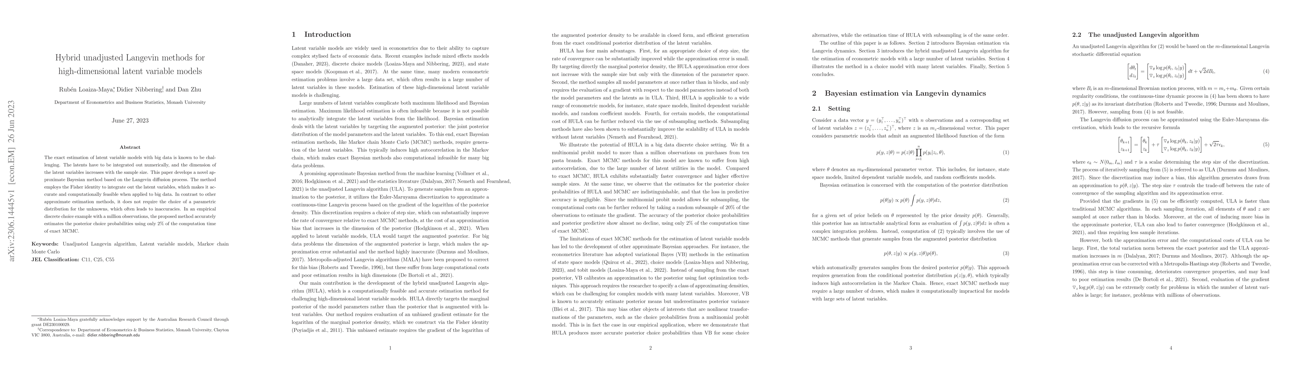 Thumbnail for Hybrid unadjusted Langevin methods for high-dimensional latent variable
  models