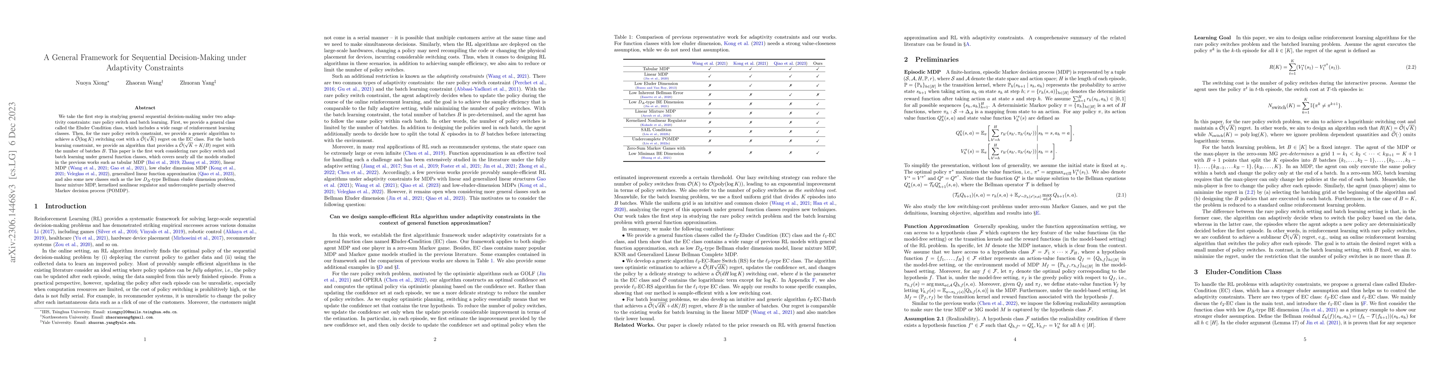 Thumbnail for A General Framework for Sequential Decision-Making under Adaptivity
  Constraints
