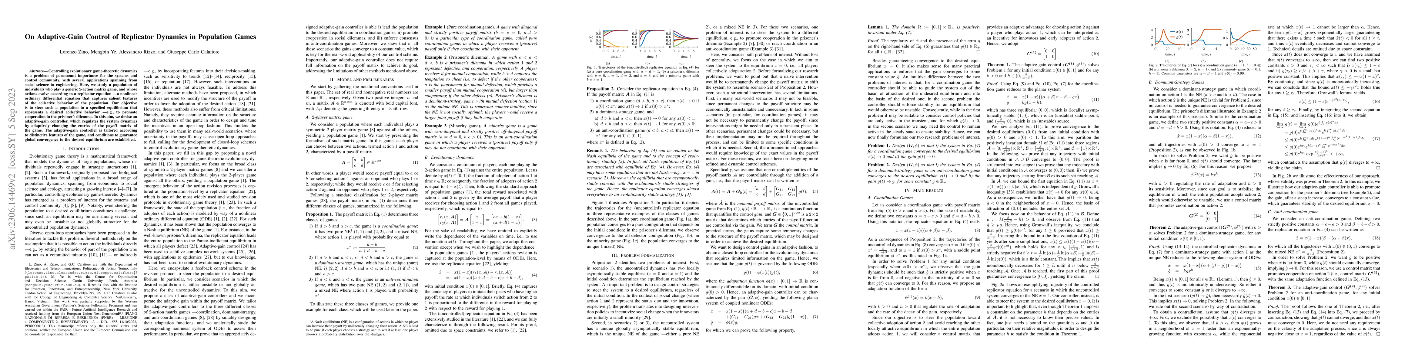 Thumbnail for On Adaptive-Gain Control of Replicator Dynamics in Population Games