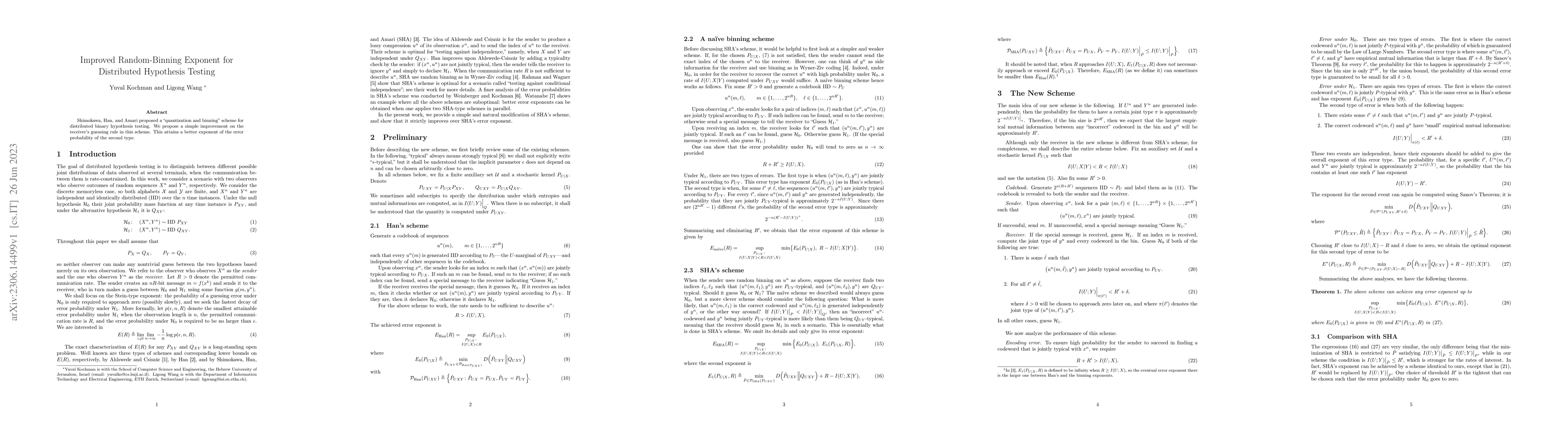 Thumbnail for Improved Random-Binning Exponent for Distributed Hypothesis Testing