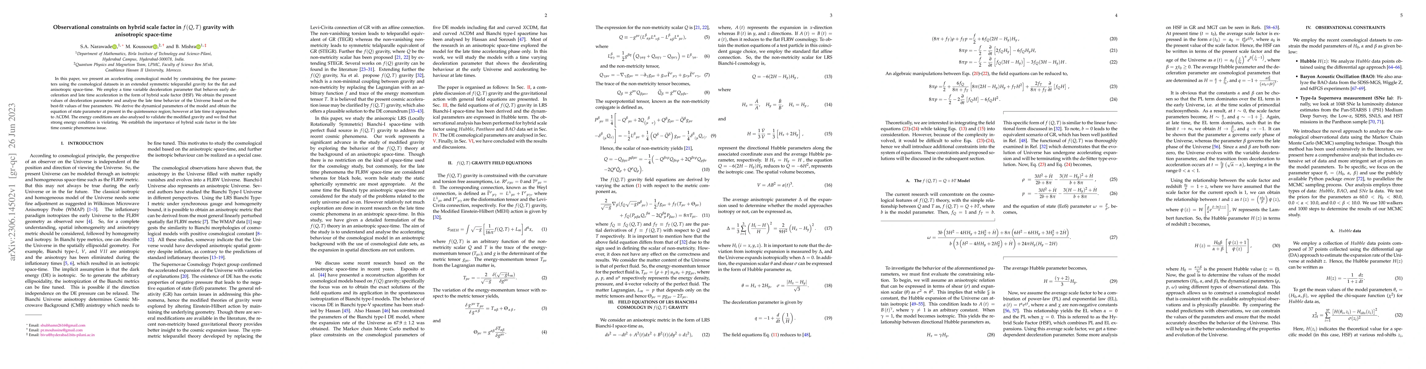 Thumbnail for Observational Constraints on Hybrid Scale Factor in f(Q,T) Gravity with
  Anisotropic Space-Time
