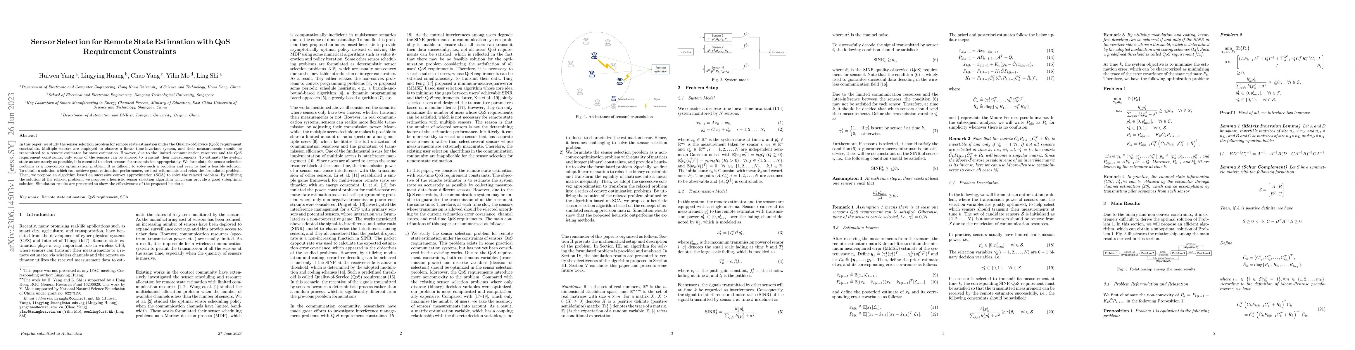 Thumbnail for Sensor Selection for Remote State Estimation with QoS Requirement
  Constraints
