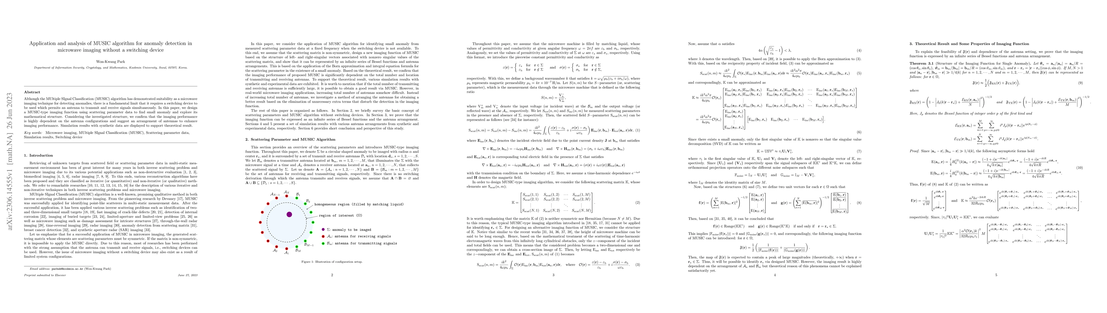 Thumbnail for Application and analysis of MUSIC algorithm for anomaly detection in
  microwave imaging without a switching device