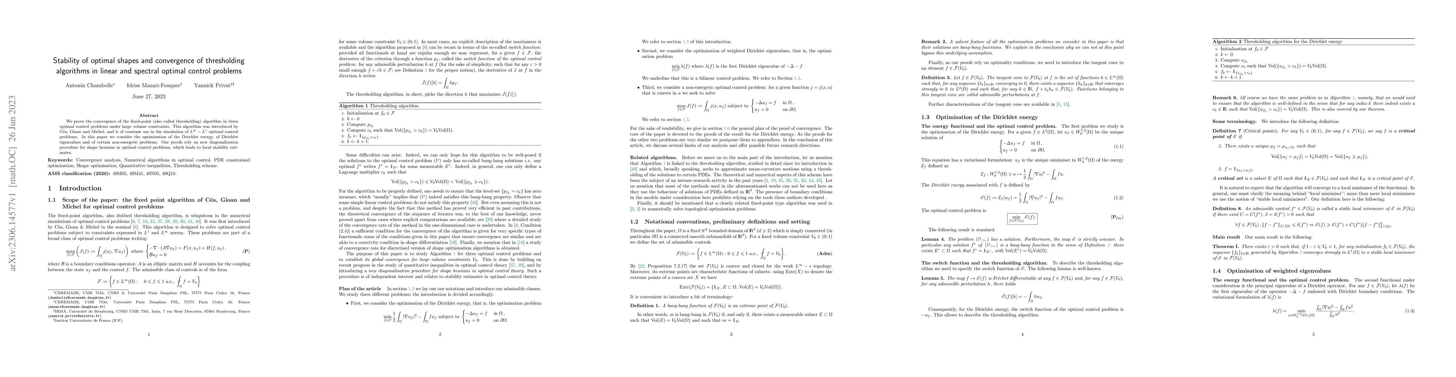 Thumbnail for Stability of optimal shapes and convergence of thresholding algorithms
  in linear and spectral optimal control problems