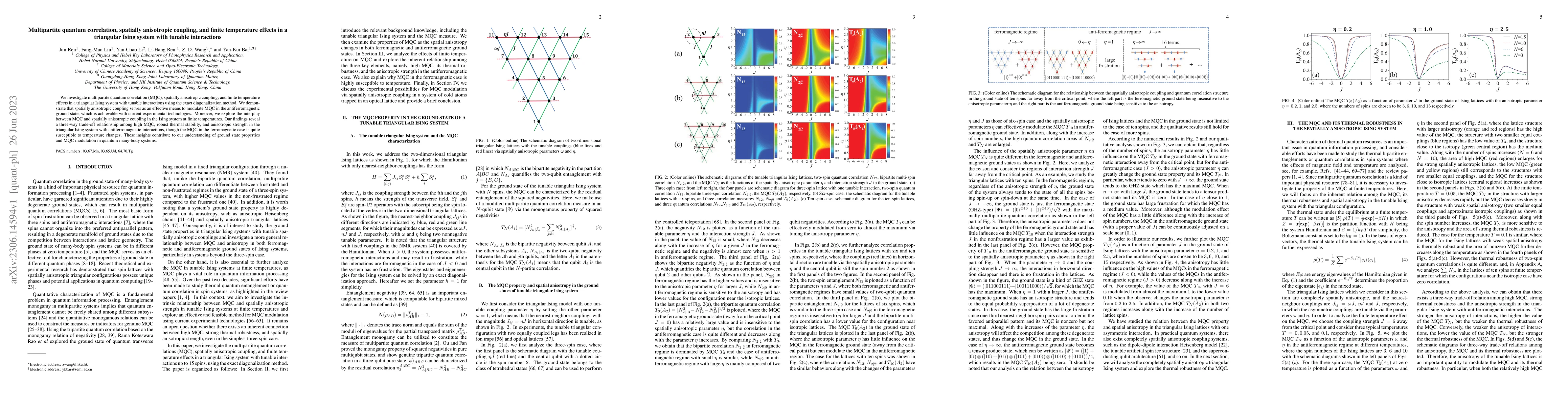 Thumbnail for Multipartite quantum correlation, spatially anisotropic coupling, and
  finite temperature effects in a triangular Ising system with tunable
  interactions