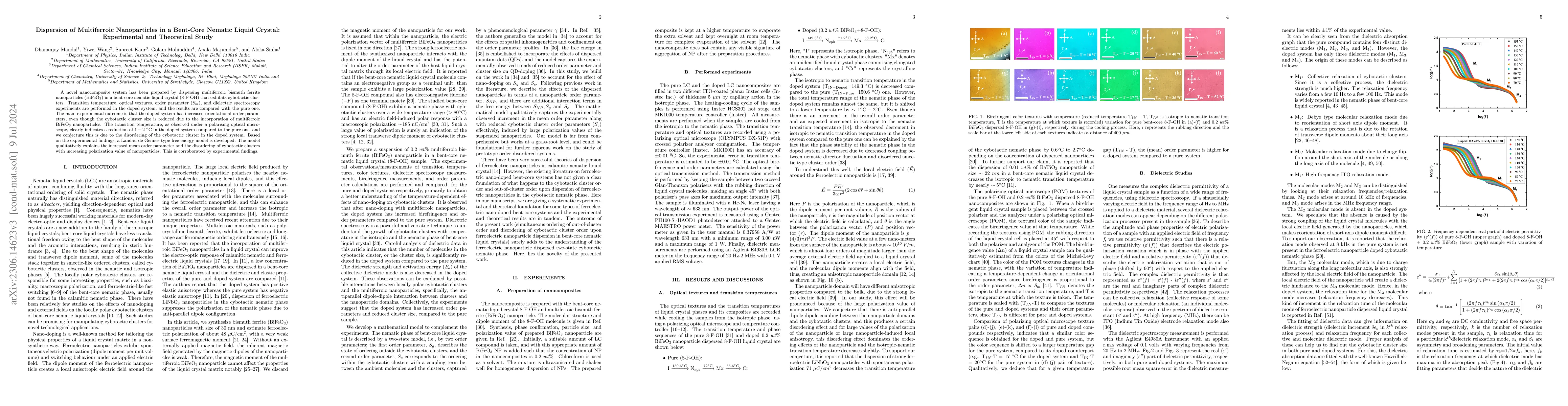 Thumbnail for Dispersion of Multiferroic Nanoparticles in a Bent-Core Nematic Liquid
  Crystal: Experimental and Theoretical Study