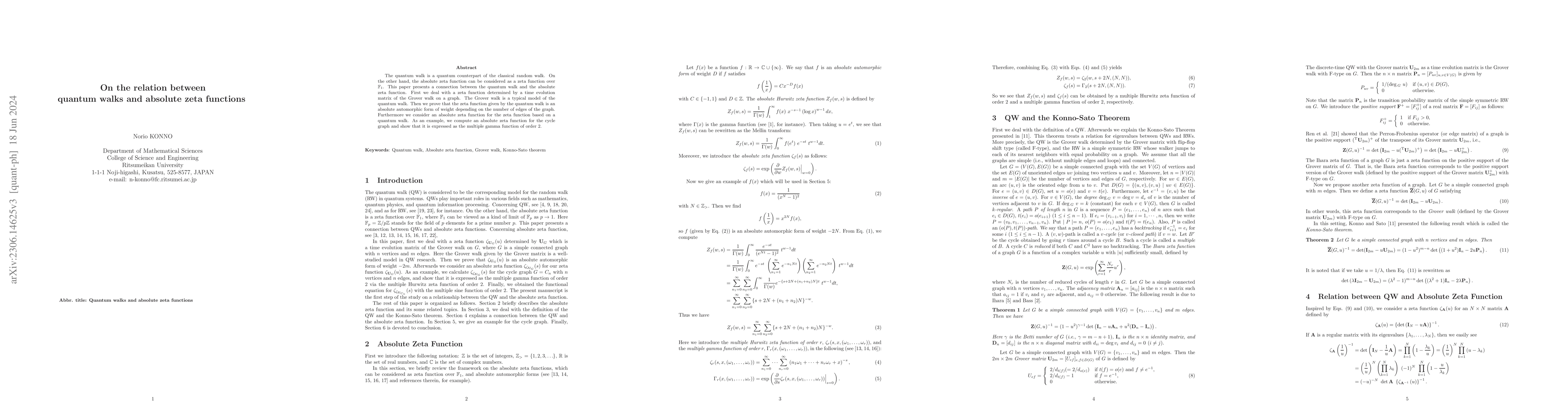 Thumbnail for On the relation between quantum walks and absolute zeta functions