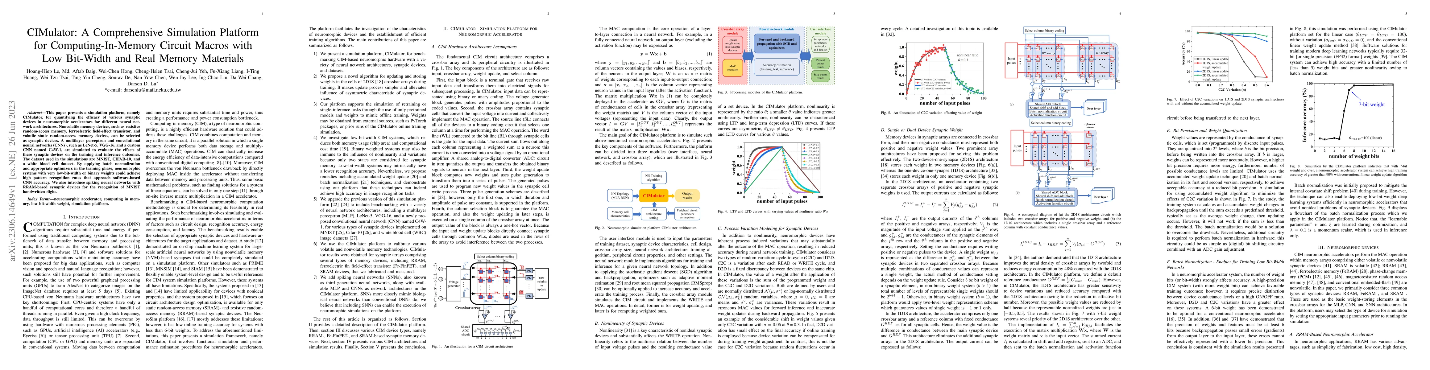 Thumbnail for CIMulator: A Comprehensive Simulation Platform for Computing-In-Memory
  Circuit Macros with Low Bit-Width and Real Memory Materials