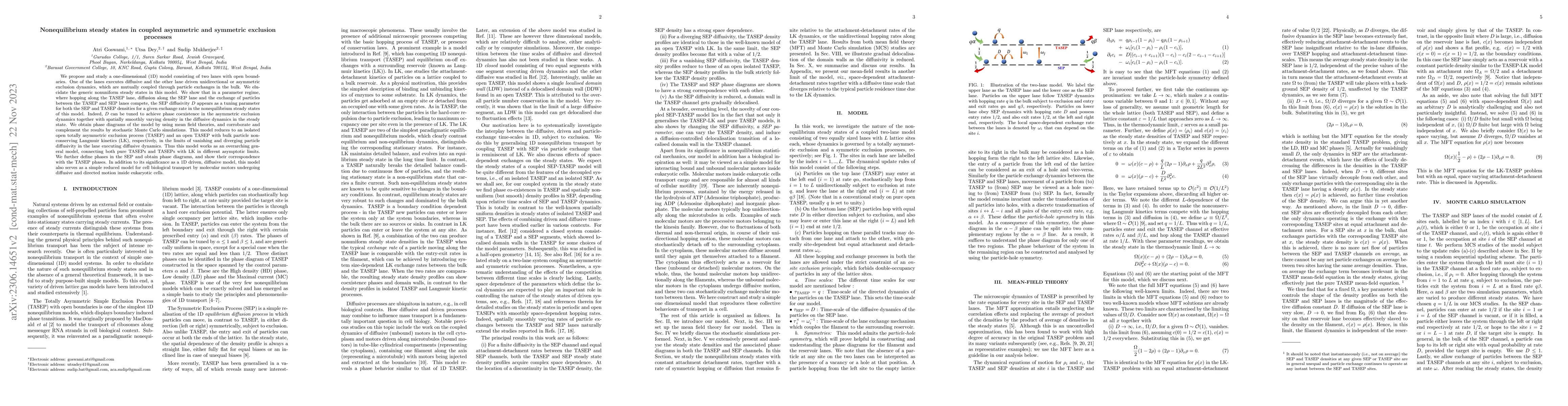 Thumbnail for Nonequilibrium steady states in coupled asymmetric and symmetric
  exclusion processes