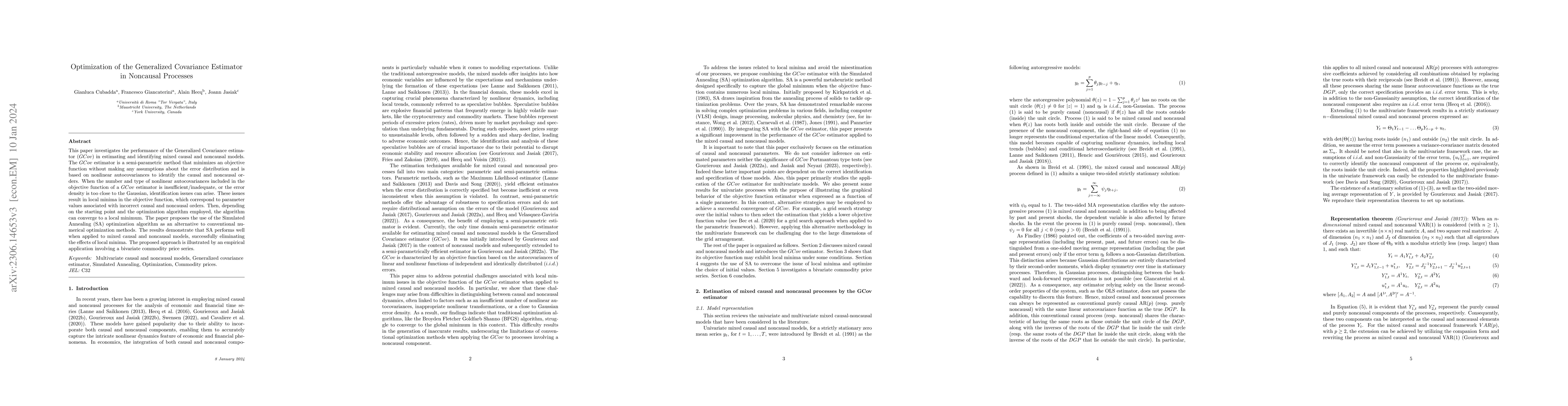 Thumbnail for Optimization of the Generalized Covariance Estimator in Noncausal
  Processes