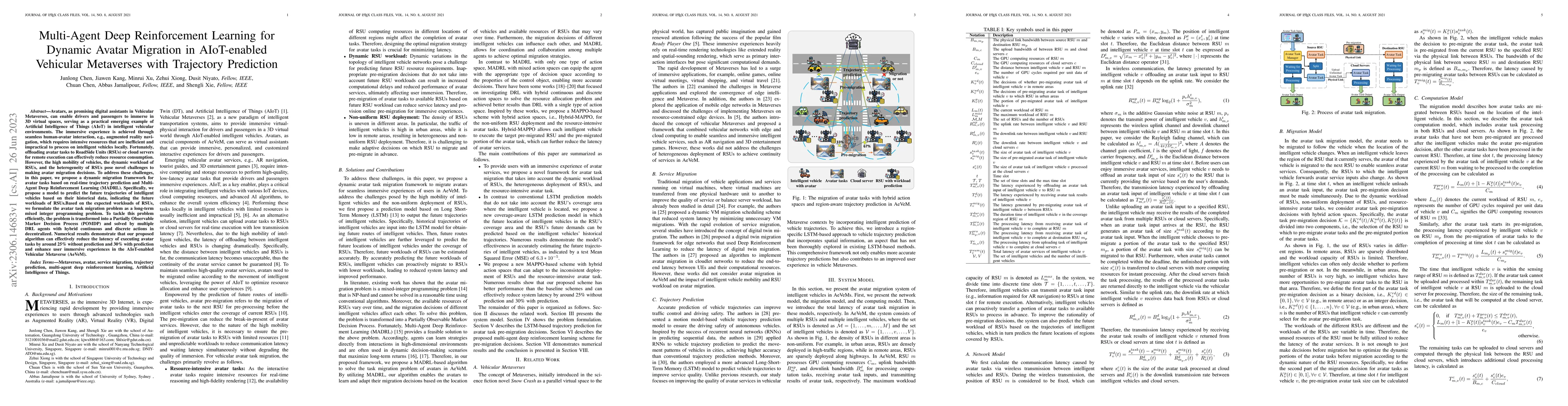 Thumbnail for Multi-Agent Deep Reinforcement Learning for Dynamic Avatar Migration in
  AIoT-enabled Vehicular Metaverses with Trajectory Prediction