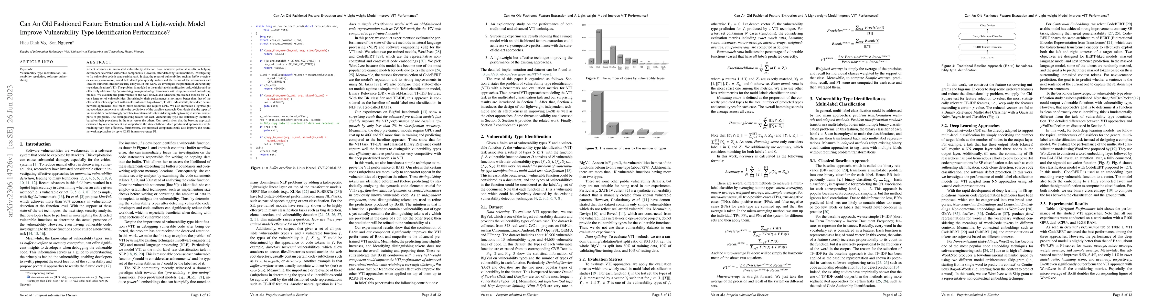 Thumbnail for Can An Old Fashioned Feature Extraction and A Light-weight Model Improve
  Vulnerability Type Identification Performance?
