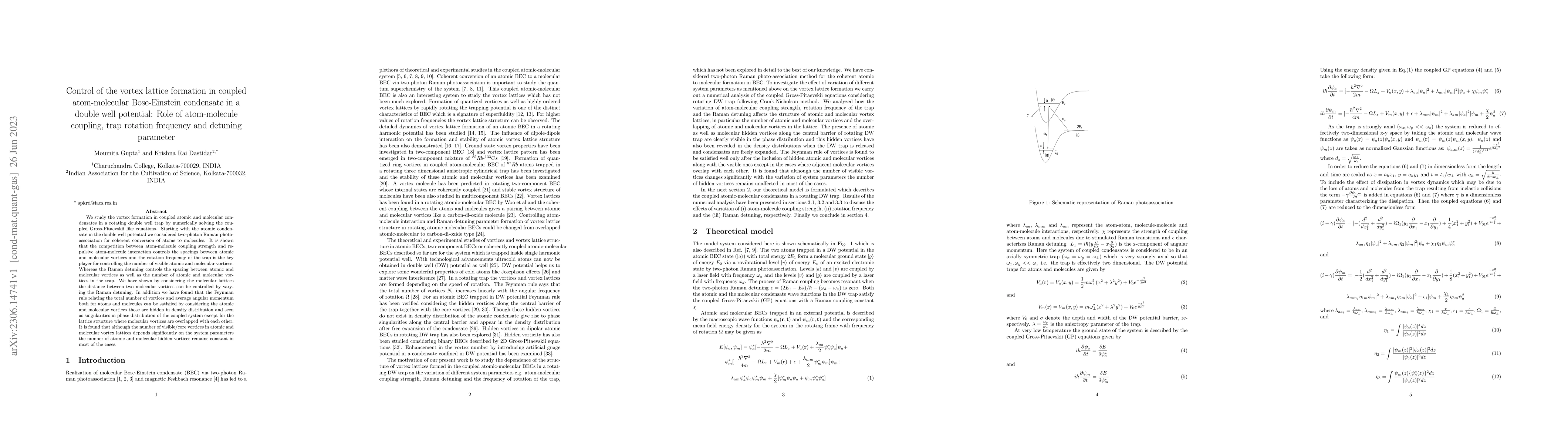 Thumbnail for Control of the vortex lattice formation in coupled atom-molecular
  Bose-Einstein condensate in a double well potential: Role of atom-molecule
  coupling, trap rotation frequency and detuning