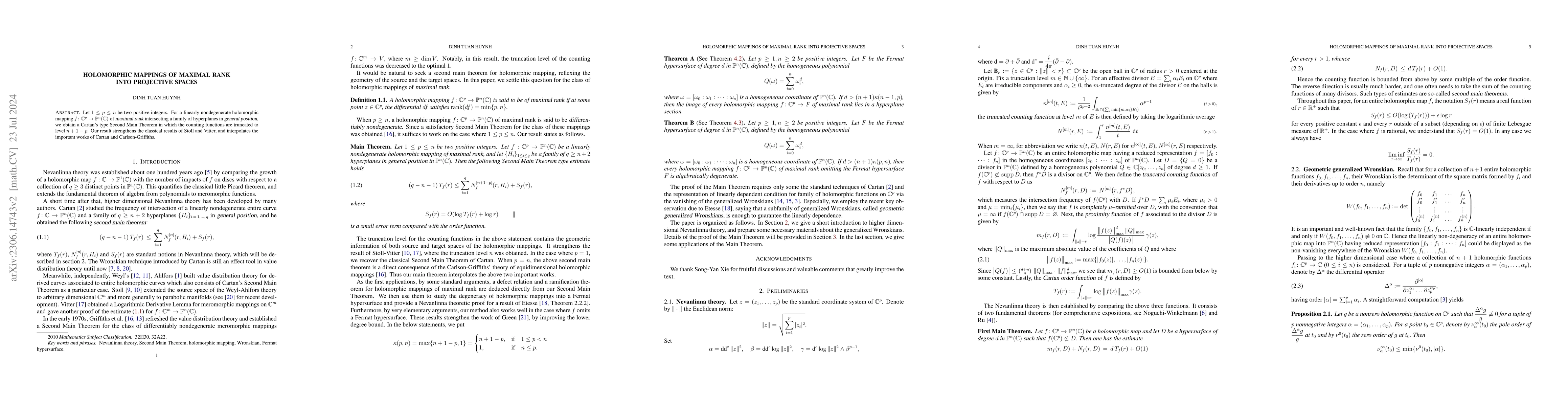Thumbnail for Holomorphic mappings of maximal rank into projective spaces