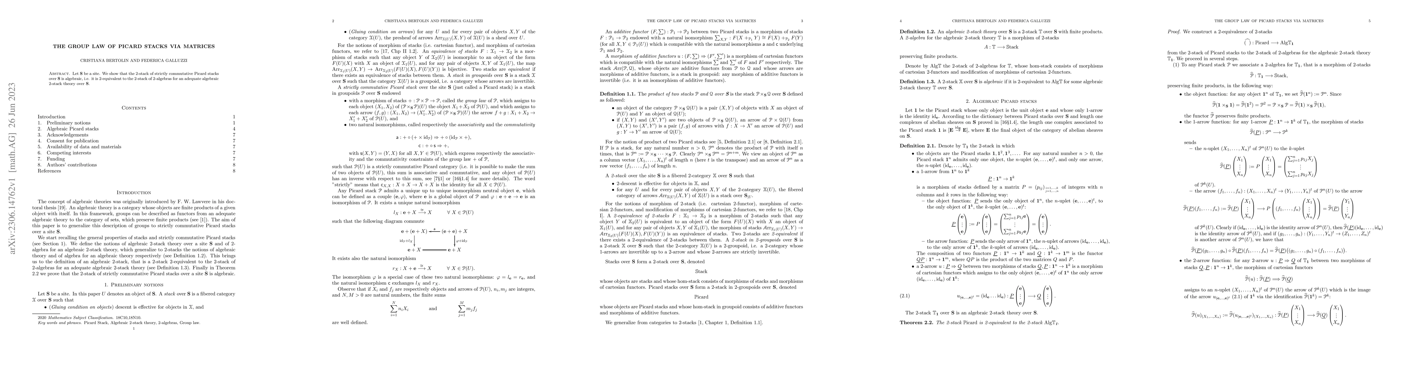 Thumbnail for The group law of Picard stacks via matrices