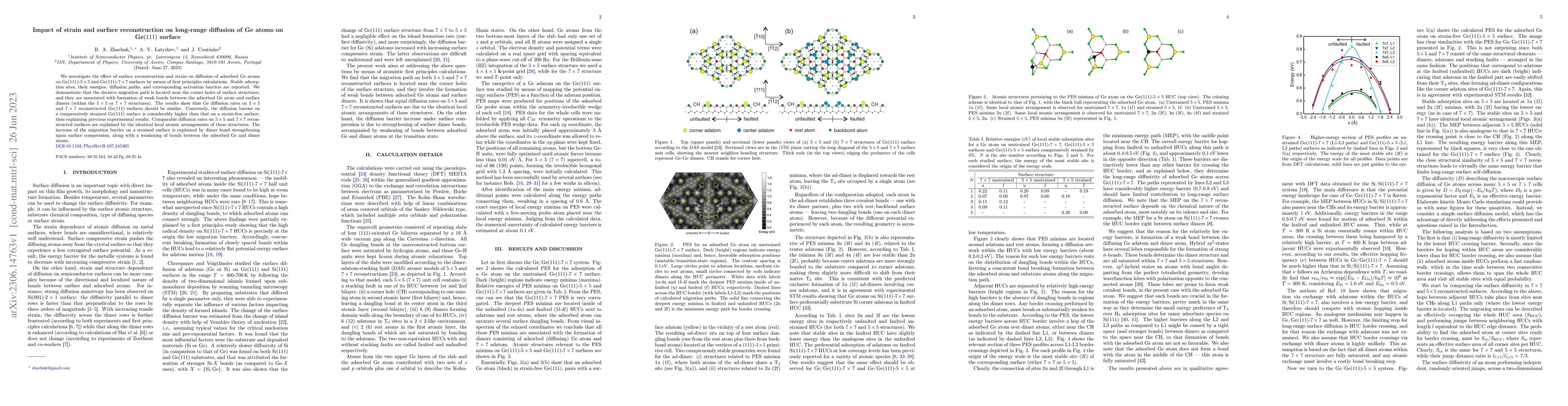 Thumbnail for Impact of strain and surface reconstruction on long-range diffusion of
  Ge atoms on Ge(111) surface
