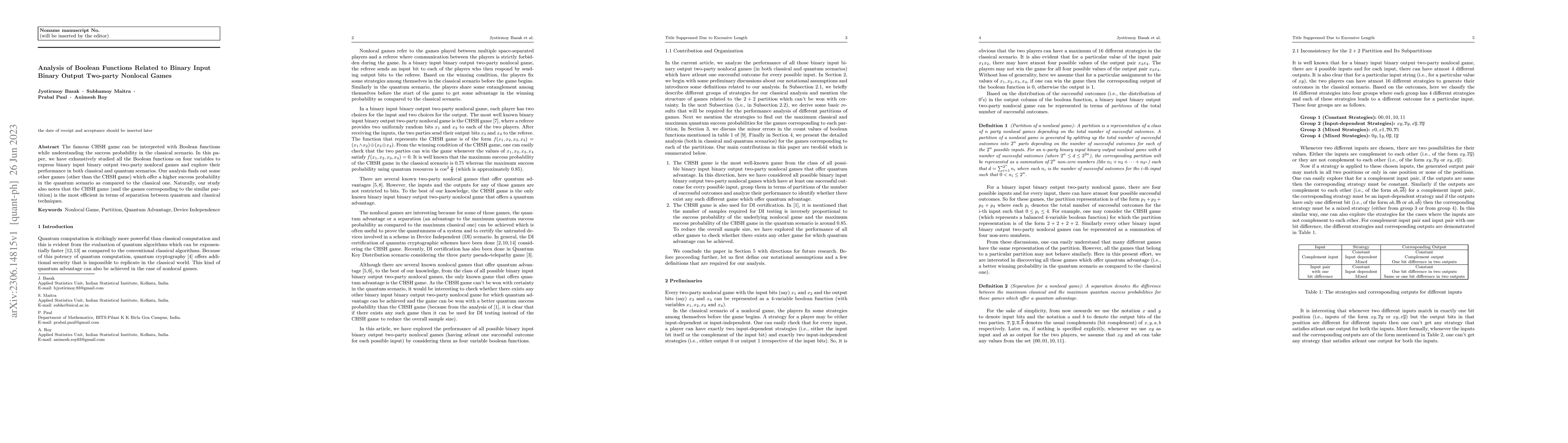 Thumbnail for Analysis of Boolean Functions Related to Binary Input Binary Output
  Two-party Nonlocal Games