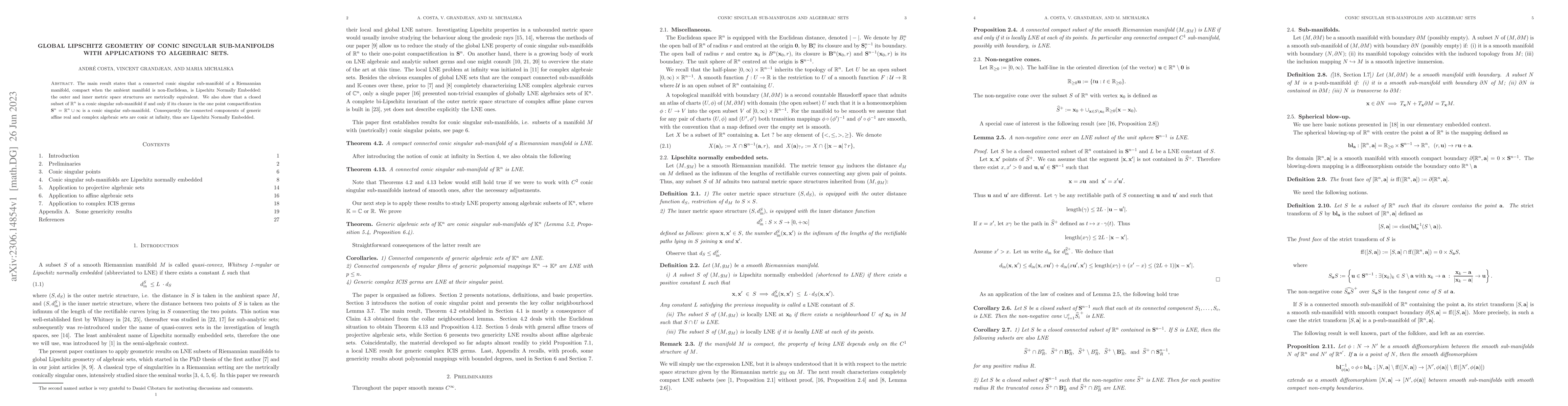 Thumbnail for Global Lipschitz geometry of conic singular sub-manifolds with
  applications to algebraic sets