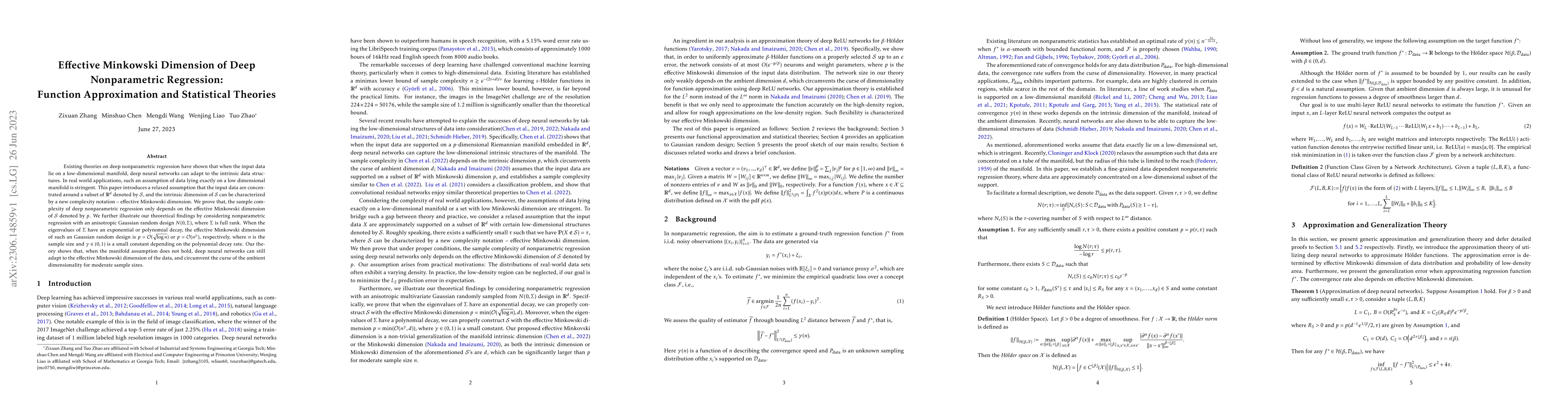 Thumbnail for Effective Minkowski Dimension of Deep Nonparametric Regression: Function
  Approximation and Statistical Theories