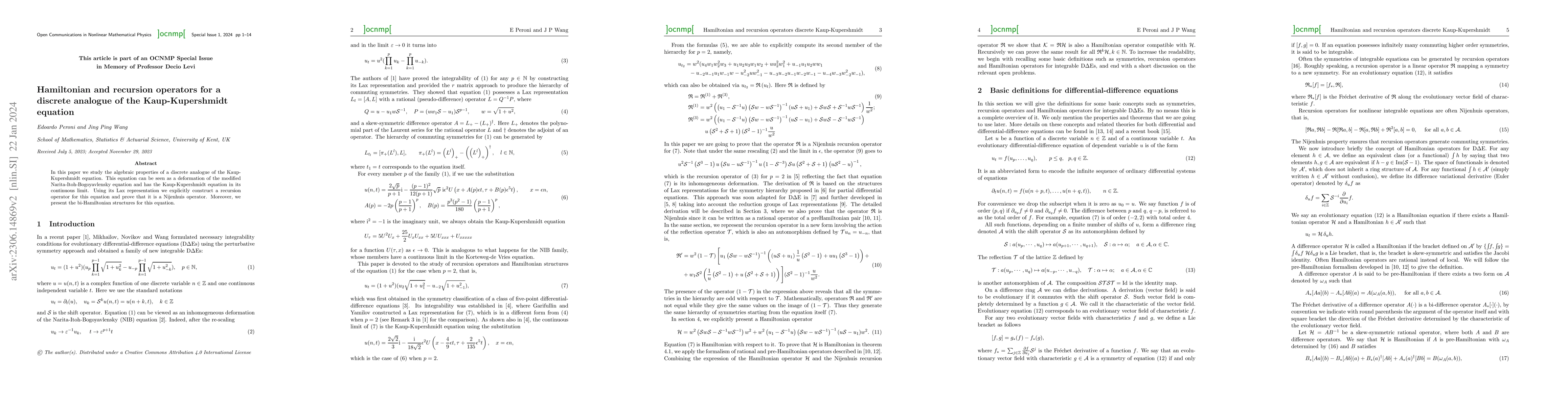 Thumbnail for Hamiltonian and recursion operators for a discrete analogue of the
  Kaup-Kupershmidt equation