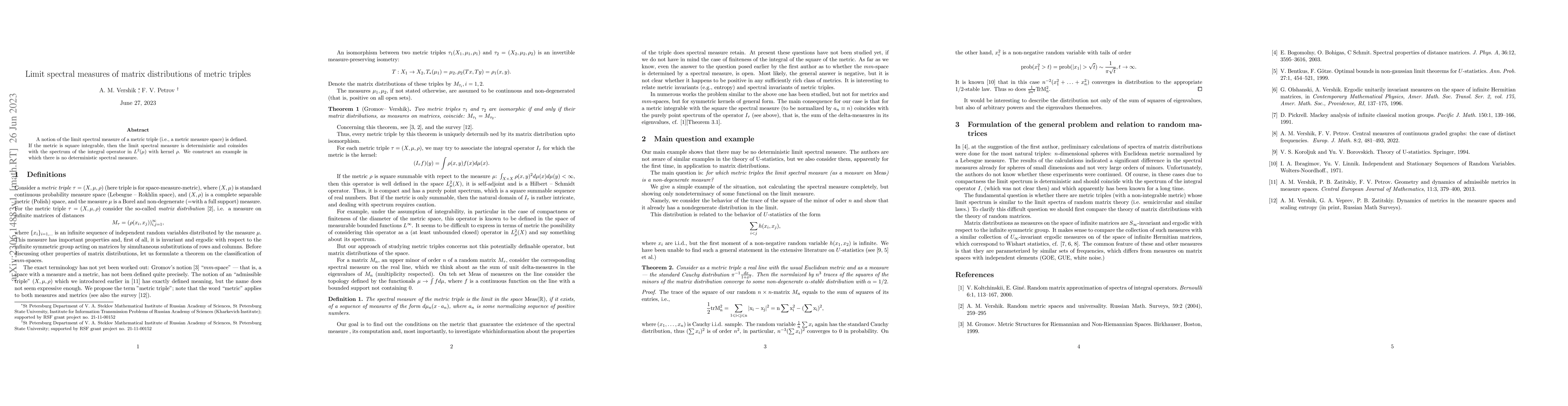Thumbnail for Limit spectral measures of matrix distributions of metric triples