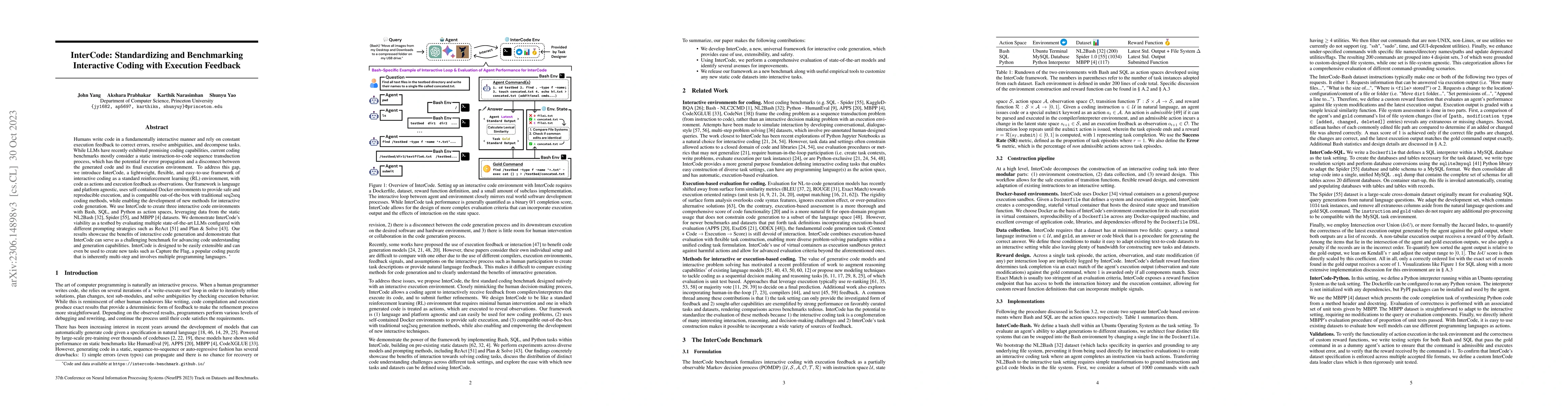 Thumbnail for InterCode: Standardizing and Benchmarking Interactive Coding with
  Execution Feedback