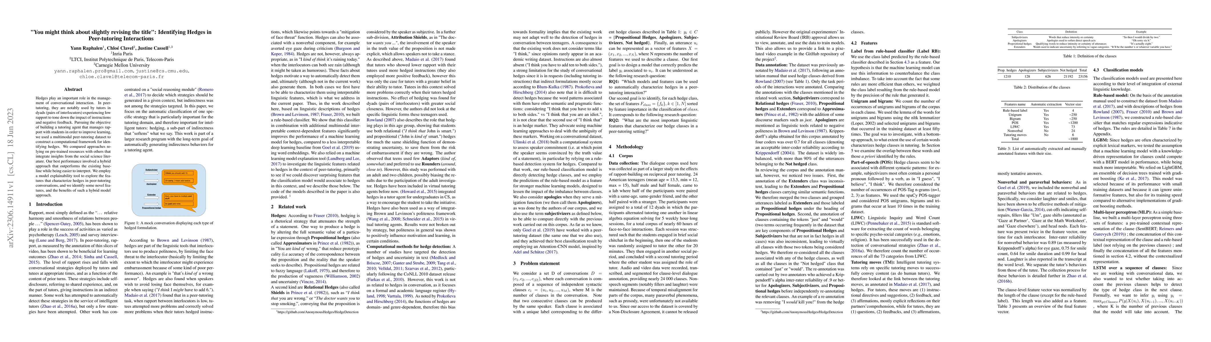 Thumbnail for "You might think about slightly revising the title": identifying hedges
  in peer-tutoring interactions